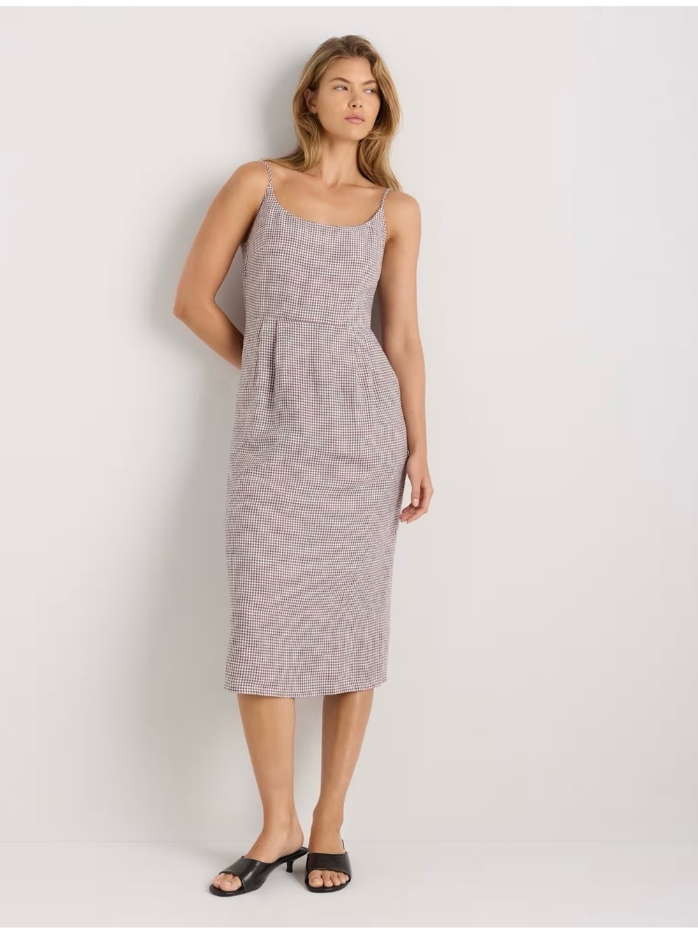 European Linen Scoop Neck Midi Dress Color: Taupe Brown Gingham